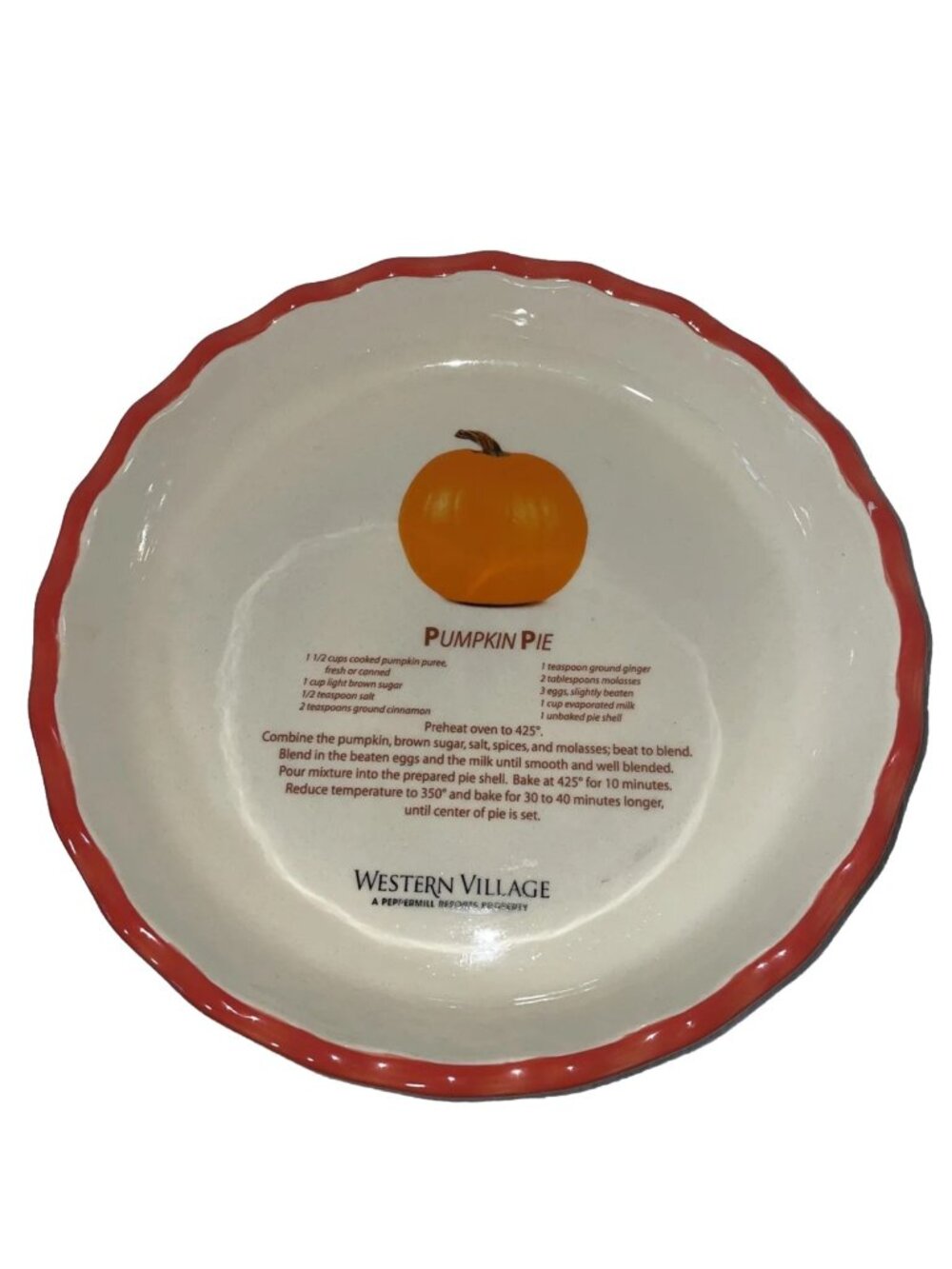 Scalloped Pumpkin Pie Dish Plate w/Recipe Orange Western Village Peppermill Oven